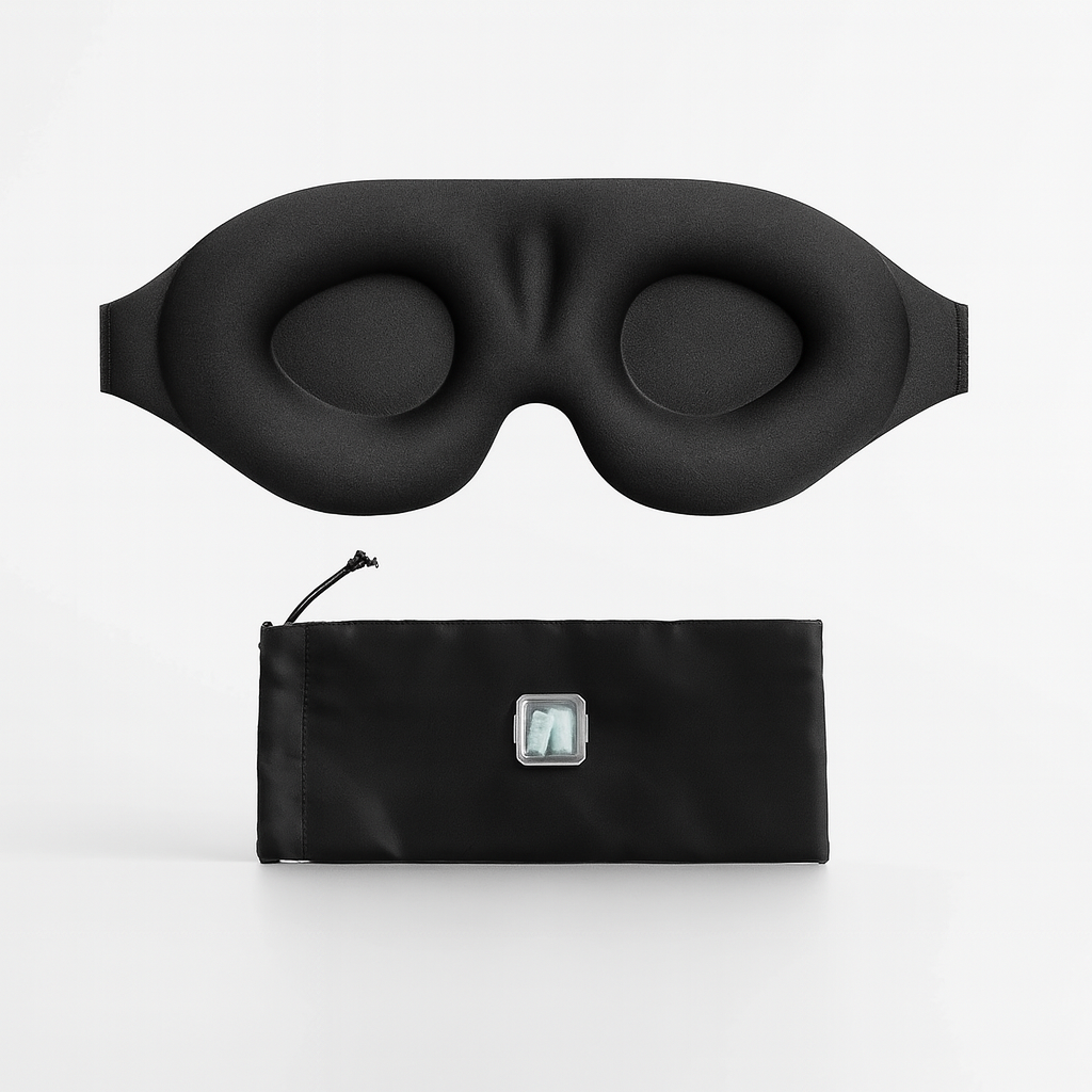 Sovmask, förvaringspåse och öronproppar